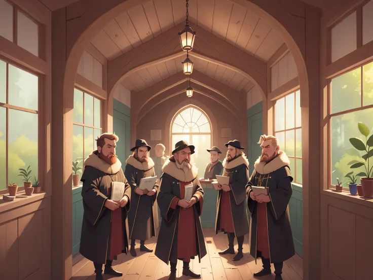 [[[Ultra detailed, best quality, beautiful, 4K, detailed faces, medieval story]]], serious, a group of tall men in black robes with serious expressions, blond hair, dignified mysterious people, standing in a wooden house Front, colorful childrens book illu...