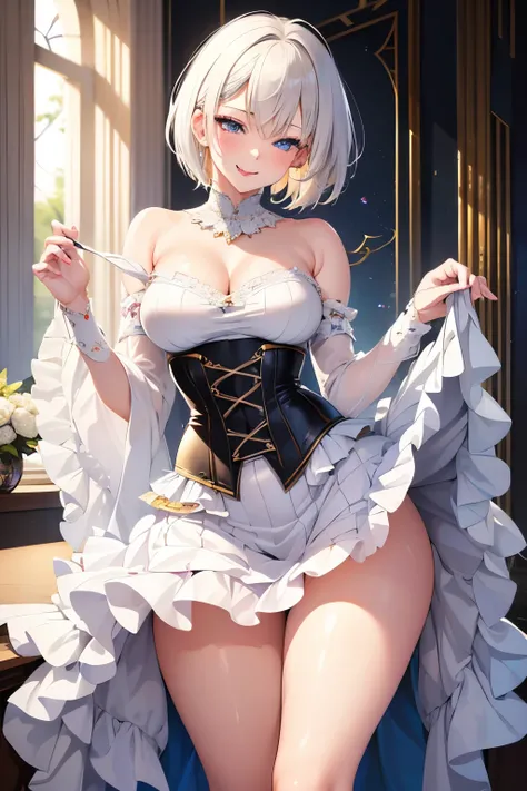 best quality, 32k, RAW photo, incredibly absurdres, extremely detailed, delicate texture, 18 years old cute girl, (close one eye:1.1), (out your tongue:1.3), happy, shy, smile, iridescent platinum-blonde messy pixie cut hair, wearing dress with corset and ...