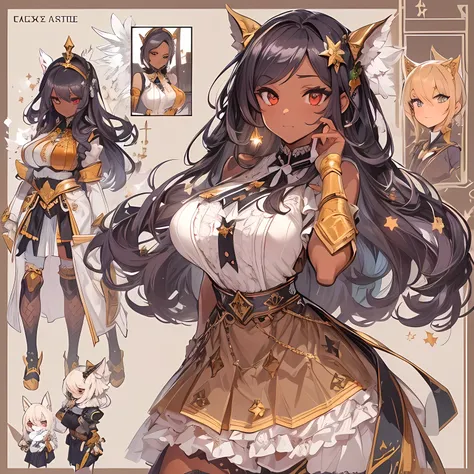 ((Masterpiece, Highest quality)), Detailed face, CharacterDesignSheet， full bodyesbian, Full of details, Multiple poses and expressions, Highly detailed, Depth, Many parts，Beautiful Maid，dark brown skin, Holding a shield，long black hair，red eyes, estilo fa...