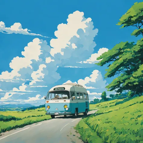 (minimalism:1.4), there is a minibus on the road, ghibli studio art, miyazaki, pasture with blue sky and white clouds