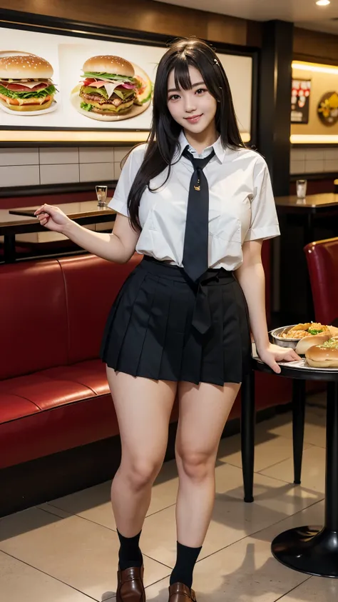 high quality,8K,high resolution,japanese woman,1 personality,tall,thick plump thighs,realistic texture,Muchimuchi,cute smile,thin waist,muscular body,whole body,black hair,(18-year-old),(high school girl),(black loafers),(schooluniform),(tie),(Hamburger re...