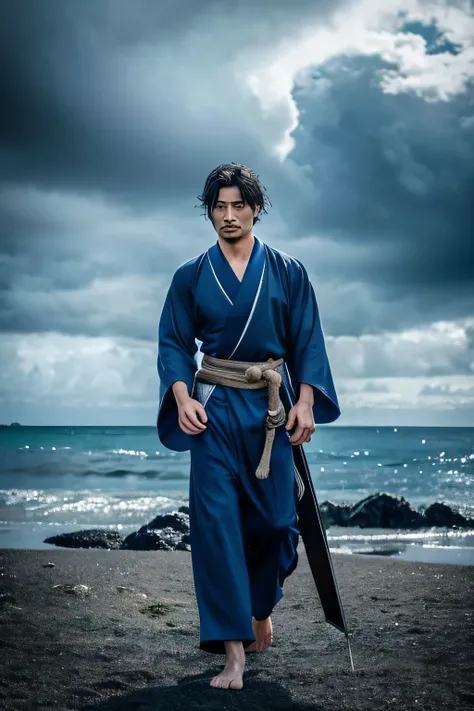 Japanese man holding two swords、Tying long hair、Upper body、Dark blue kimono、muscular body、complex background、beach behind、cloudy sky in the daytime、Overall dark background、((best quality)), ((masterpiece)), (detailed)、dramatic、Japan Island