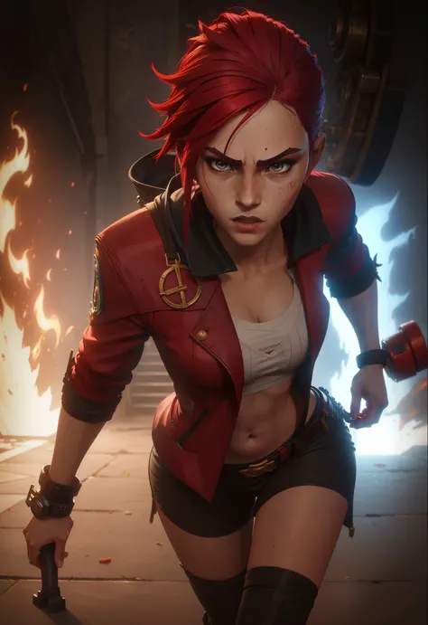 1 girl, Garota de cabelo curto e vermelho. Vi de Arcane. Shes in a red jacket, in fighting position, ao lado da Jinx. Vi e Jinx. Vi 6