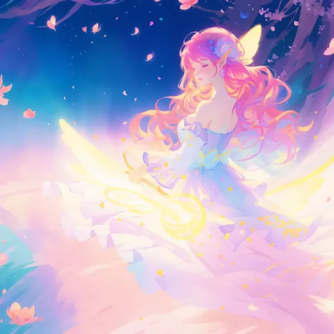 close up of a beautiful fairy girl in tiered gradient ballgown dress, gradient colorful dress, ((layered flower petal skirt)), fairy dress, fairy queen, magical fantasia background, (glowing fairy wings), glowing flowing ballgown, long wavy hair, sparkling...