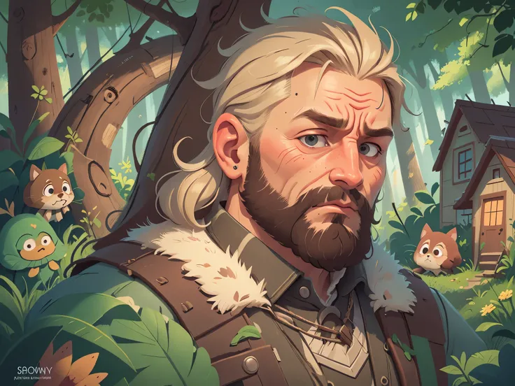 [[[Ultra-detailed, best quality, beautiful, 4K, detailed faces, medieval stories]]], Serious, blond-bearded middle-aged man, with a wooden house in the background, blond-haired middle-aged man with sad expression, Colorful childrens book illustrations