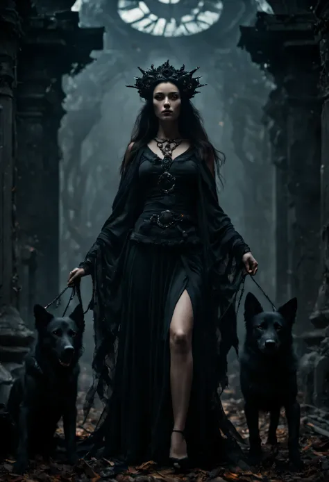 Experience the duality of Hecate, the goddess of light and darkness. With her loyal dogs and powerful magic, she walks the line between good and evil, showing compassion and loyalty to those who follow her. High quality, high resolution, cinematic, dark, v...