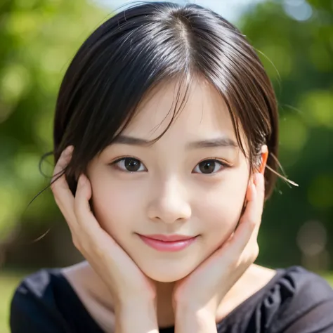 Best-quality, Masterpiece, Ultra-High-Resolution, (Photorealistic:1.4), Raw-Photo, 1girl, 12-years-old, the most famous Japanese idol, face-focus, hands on head, extremely cute face like a most popular Japanese idol, ((extremely beautiful big-black-solid-c...