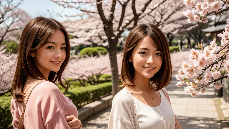 Instagram pictures, french girl, Shoulder length hair, Has light blonde hair, Close-up photo, Take a walk in the park with cherry blossoms, Japan, smile a little,