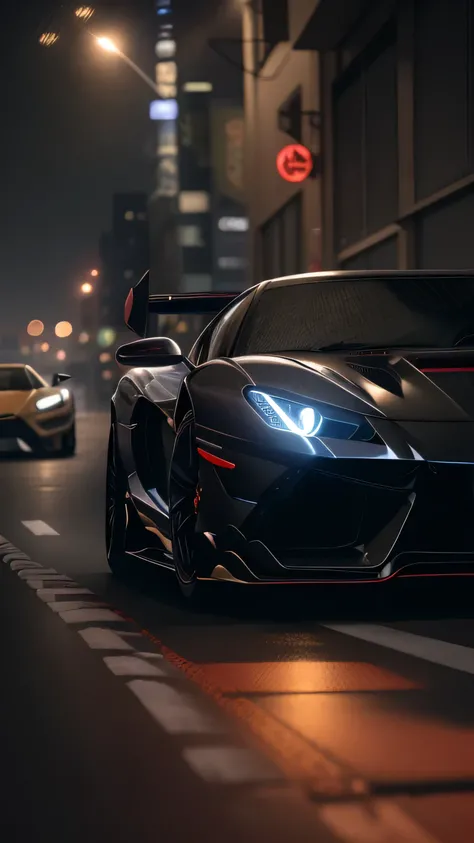 arafed sports car driving down a city street at night, cinematic front shot, shot on canon eos r 5, shot on canon eos r5, black car, perfect cinematic light, full view of a sport car, beautiful and cinematic lighting, best on adobe stock, sportcar, bold la...
