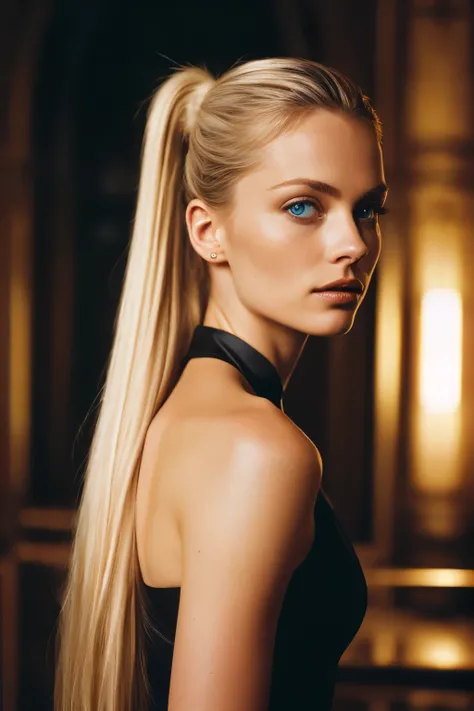 A beautiful blond woman with dark dress and light blue eyes is captured in this cinematic photograph. Her dark blond hair, worn straight and tied in a sleek ponytail, cascades down her back. Her perfect face, adorned with ultra realistic and perfectly defi...