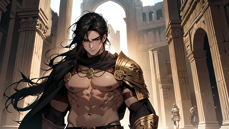 Muscular young man, wearing tiger mask in face, tiger face, holding sword, upper body revealed, in a center of colloseum arena, gladiator, legs uncovered from thighs to feet, intricate muscular details, long black hair tied up, A swordsman, also alone, wal...