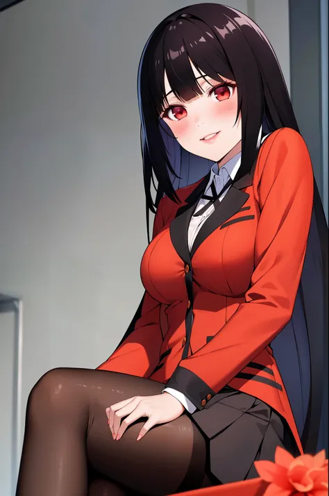 masterpiece, best quality, highres, hmjy1, long hair, blunt bangs, school uniform, red jacket, black pantyhose, white shirt, black ribbon, pleated skirt, long sleeves, cowboy shot, glowing eyes, blush, evil smile, sitting, classroom, dark background, cross...