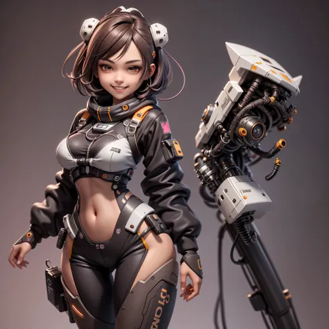 A beautiful 18 year old girl，Dark brown short hair。breast enlargement，Small waist，slim body。Cute girl with toothy smile:1.2, technical clothing, mechanical, cable, gear, lap, Fractal, art station, CG settings, carlos melia art