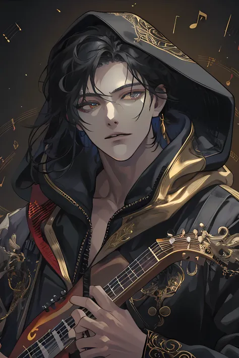 masterpiece, best quality, 1 male, adult, handsome, tall muscular guy, broad shoulders, finely detailed eyes and detailed face, extremely detailed CG unity 8k wallpaper, intricate details, black hair, gold eyes, oversized hood, Musician, Musical attire, Re...