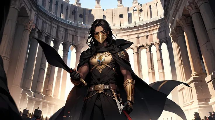 thin young man, dark skin wearing mask, V-shaped vendetta wears a golden mask, holding sword, in a center of colloseum arena, gladiator, intricate muscular details, long black hair tied up