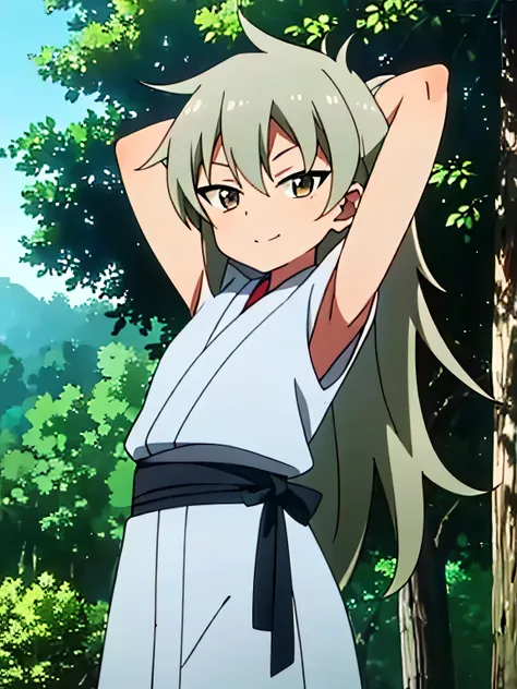 kunoichi_oniyuri, brown eyes, gray hair, long hair, japanese clothes, anime, closed mouth, solo, cowboy shot, night sky, forest, arms behind head, contrapposto, shy smile, spread armpits, shy smile, 