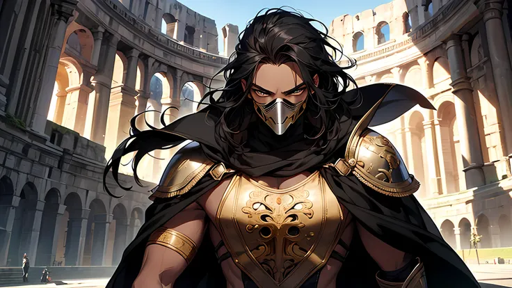 thin young man, dark skin wearing mask, V-shaped vendetta wears a golden mask, holding sword, in a center of colloseum arena, gladiator, intricate muscular details, long black hair tied up