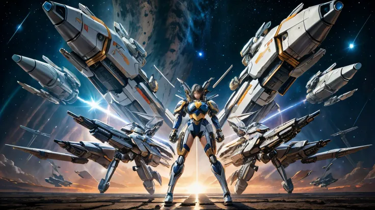 Masterpiece, Female Mecha Warrior in front of space ships, giga_busty, full body shot