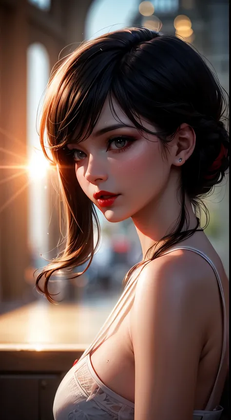 Woman, 30 years, red lips,  Surrealism, cinematic lighting, god rays, bokeh, UHD, masterpiece, super detail, high quality , from side