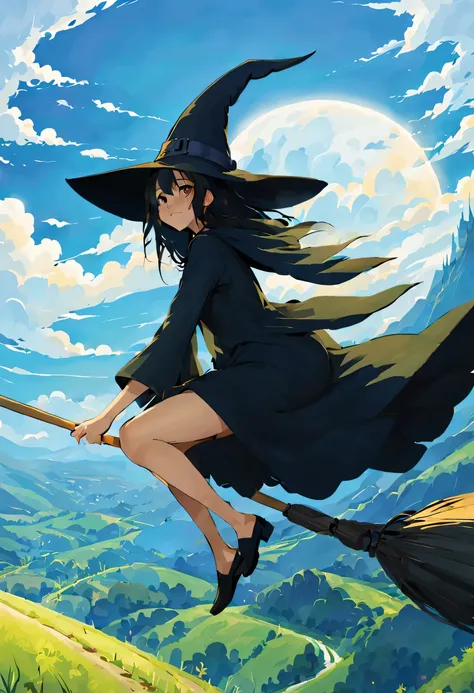((((空を飛ぶwitch))),((Ride a broom)),Straddling a broom,fantasy,beautiful light and shadow,anatomically correct,masterpiece,highest quality,最高masterpiece,8K,Use of magic,witch:witchの帽子:witchの衣装:be familiar with,Wind,fantasy,wonderful,An illustration,digital a...