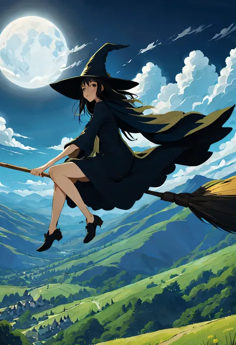 ((((空を飛ぶwitch))),((Ride a broom)),Straddling a broom,fantasy,beautiful light and shadow,anatomically correct,masterpiece,highest quality,最高masterpiece,8K,Use of magic,witch:witchの帽子:witchの衣装:be familiar with,Wind,fantasy,wonderful,An illustration,digital a...