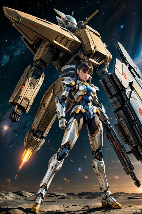 Masterpiece, Female Mecha Warrior in front of space ships