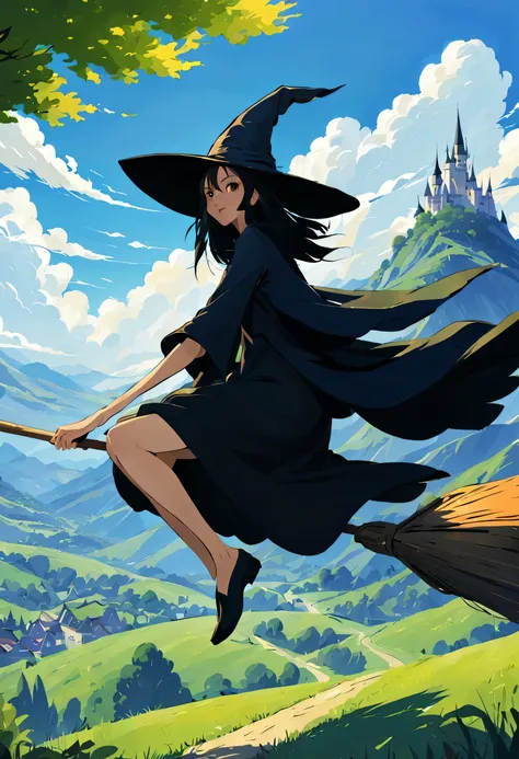 ((((空を飛ぶwitch))),((Ride a broom)),Straddling a broom,fantasy,beautiful light and shadow,anatomically correct,masterpiece,highest quality,最高masterpiece,8K,Use of magic,witch:witchの帽子:witchの衣装:be familiar with,Wind,fantasy,wonderful,An illustration,digital a...
