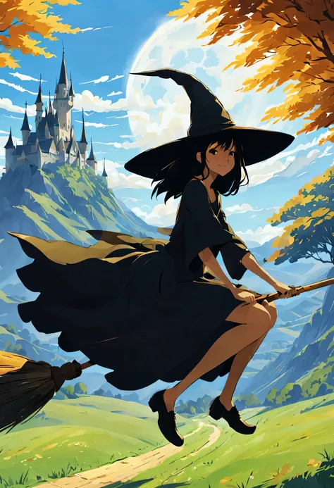 ((((空を飛ぶwitch))),((Ride a broom)),Straddling a broom,fantasy,beautiful light and shadow,anatomically correct,masterpiece,highest quality,最高masterpiece,8K,Use of magic,witch:witchの帽子:witchの衣装:be familiar with,Wind,fantasy,wonderful,An illustration,digital a...