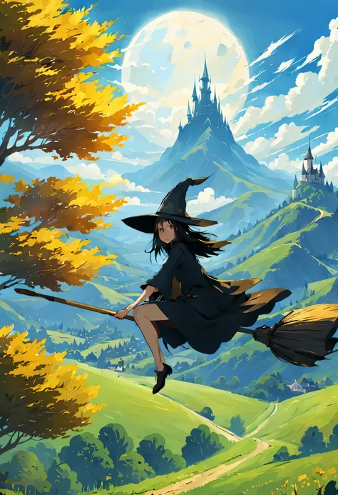((((空を飛ぶwitch))),((Ride a broom)),Straddling a broom,fantasy,beautiful light and shadow,anatomically correct,masterpiece,highest quality,最高masterpiece,8K,Use of magic,witch:witchの帽子:witchの衣装:be familiar with,Wind,fantasy,wonderful,An illustration,digital a...
