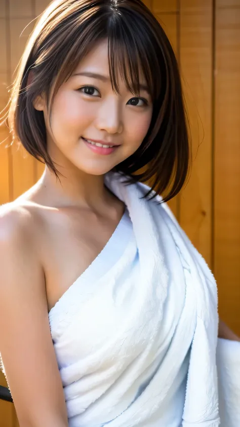 ((Best quality)), ((masterpiece)), ((photorealistic)), ((ultra high res)), (8K raw photo), 19 year old, beautiful face, white towel, cute small_breasts, happy smiling, ((Perfect Face)), brunette, full shot of a beautiful girls, detailed skin, detailed back...