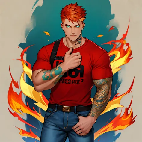 Introducing Pyro4our, a charismatic young man with a strong and athletic build. He boasts fiery red hair, piercing green eyes, and a distinctive scar above his left eyebrow, adding an air of mystery to his appearance. Pyro4our wears a form-fitting red t-sh...