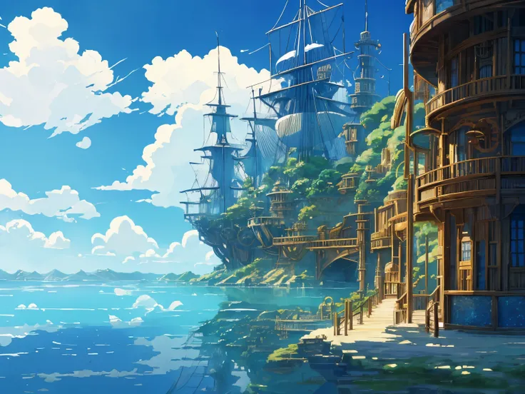 dvd screengrab from studio ghibli movie, beautiful seaside steampunk bridge interior, clouds on blue sky, designed by hayao miya...