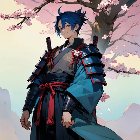 1male , Dark Blue Hair , Yukata , Armor Piece , Samurai Armor , Bright Blue Eyes , Benevolent Smile , Sakura Tree Forest Background , Standing on path, Perfect Generation , Masterpiece Quality , Adult Male