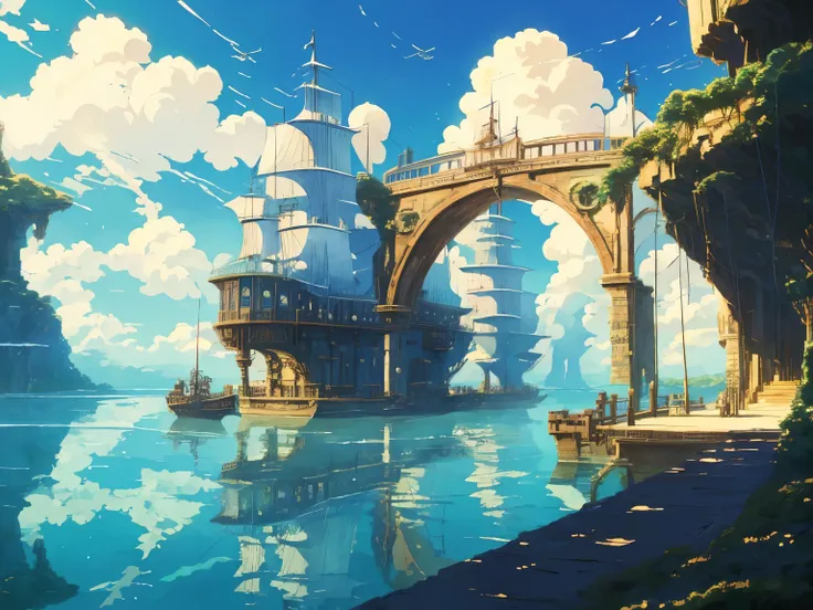 dvd screengrab from studio ghibli movie, beautiful seaside steampunk bridge interior, clouds on blue sky, designed by hayao miya...