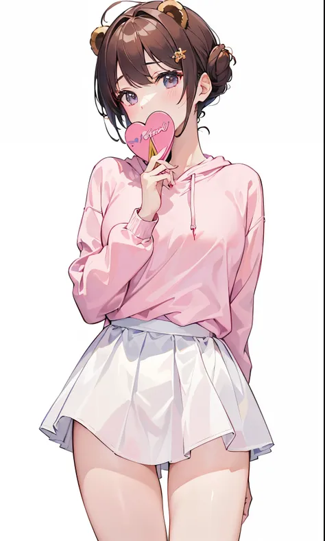 1girl,solo,(masterpiece,best quality, official art,aim to viewers, beautiful and aesthetic:1.3),((ultra high res,golden ratio,)) (4k,8k,16k), her outfit holding a valentines chocolate box,pink Hoodie, white skirt, smooth thighs, bear ears , shy