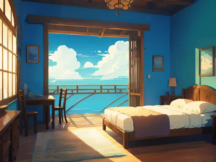 DVD screengrab from studio ghibli movie, interior rustic pastel bedroom, clouds on blue sky, designed by Hayao Miyazaki, retro anime