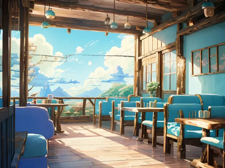 DVD screengrab from studio ghibli movie, (beautiful rustic pastel cafe interior:1.4), clouds on blue sky, designed by Hayao Miyazaki, retro anime