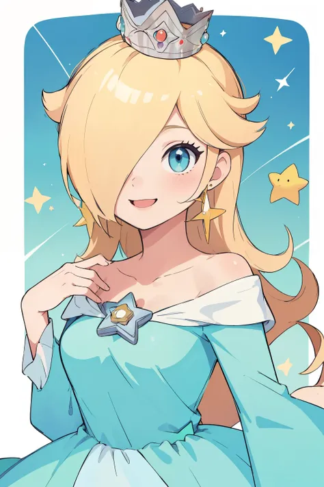 masterpiece,best quality,1girl,blonde hair,aqua dress,blue eyes,crown,hair over one eye,star (symbol),star earrings, smile