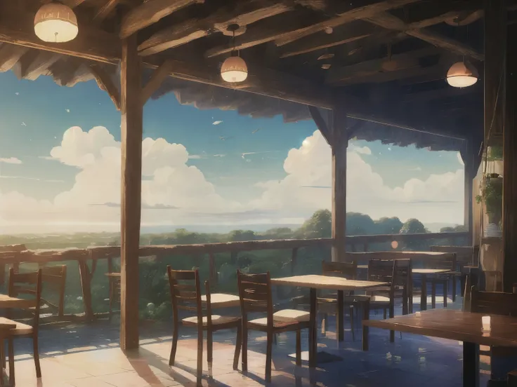 DVD screengrab from studio ghibli movie, (beautiful rustic pastel cafe interior:1.4), clouds on blue sky, designed by Hayao Miyazaki, retro anime