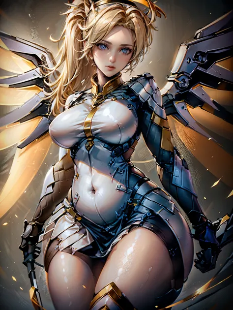 Una mujer atractiva y muy sexy(Mercy from Overwatch), detalles intrincados, maximum definition, maximum resolution, 8k, formato RAW, posando sexy en el suelo con piernas abiertas, pose sugerente, nsfw, professional shot, medium tits AND big hips, natural t...