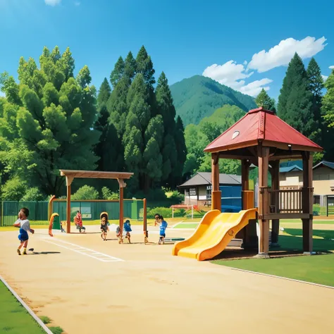 playground equipment park、gravel、、null、children playing soccer