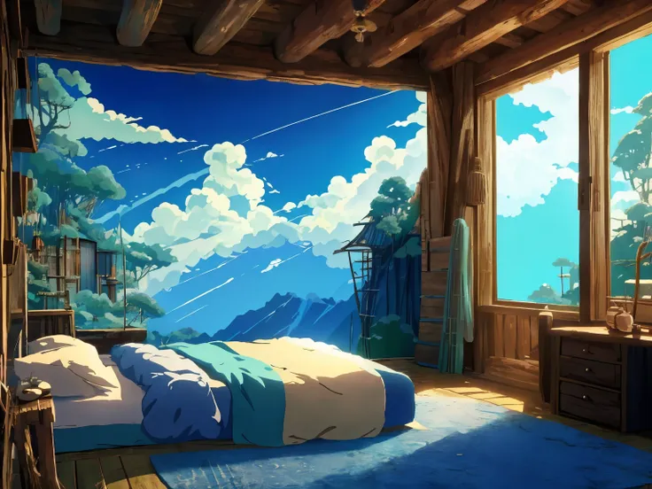 dvd screengrab from studio ghibli movie, (beautiful rustic bedroom interior:1.4), clouds on blue sky, designed by hayao miyazaki...