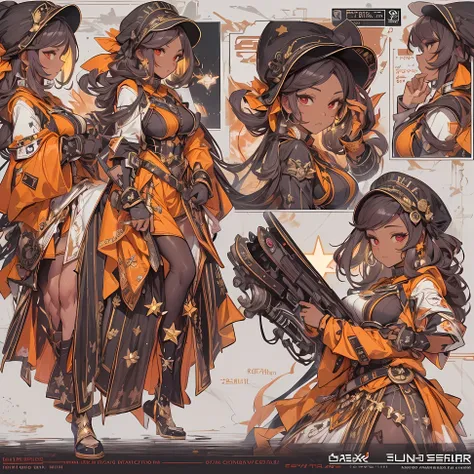 ((Masterpiece, Highest quality)), Detailed face, CharacterDesignSheet， full bodyesbian, Full of details, Multiple poses and expressions, Highly detailed, Depth, Many parts，Beautiful spy，dark brown skin, Holding a shield，long black hair，red eyes, estilo fan...