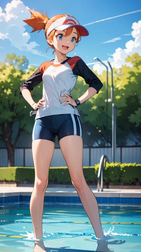 1 girl, masterpiece, best quality, highres, ro1, Misty from pokemon, hair bun, blue eyes, visor cap, , raglan sleeves, blue bicycle shorts, small ponytail on the side, wristwatch, standing, hand on hip, smile, open mouth, (sparkle:1.1), orange hair, medium...