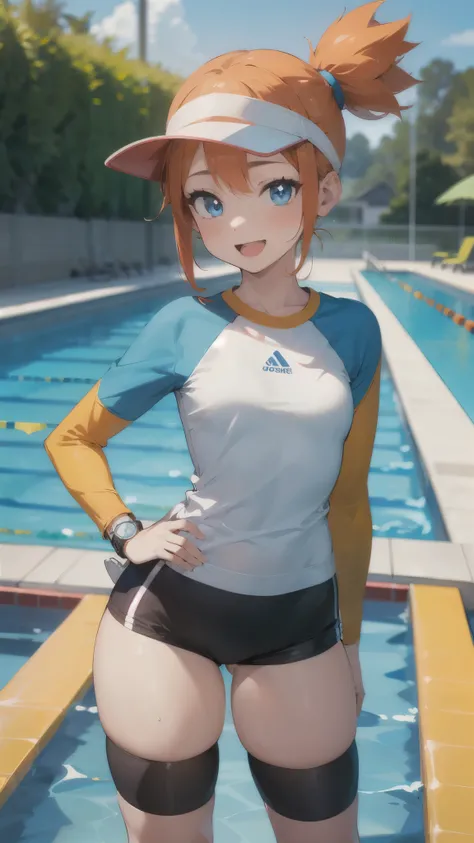 1 girl, masterpiece, best quality, highres, ro1, Misty from pokemon, hair bun, blue eyes, visor cap, , raglan sleeves, blue bicycle shorts, small ponytail on the side, wristwatch, standing, hand on hip, smile, open mouth, (sparkle:1.1), orange hair, medium...