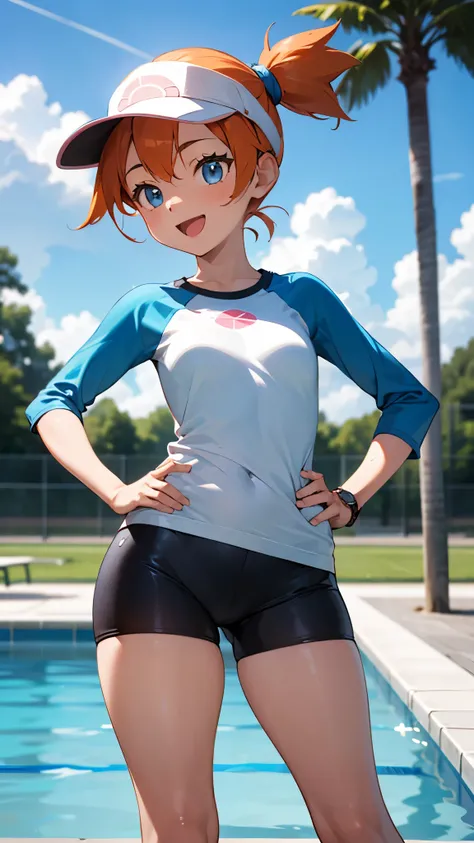 1 girl, masterpiece, best quality, highres, ro1, Misty from pokemon, hair bun, blue eyes, visor cap, , raglan sleeves, blue bicycle shorts, small ponytail on the side, wristwatch, standing, hand on hip, smile, open mouth, (sparkle:1.1), orange hair, medium...