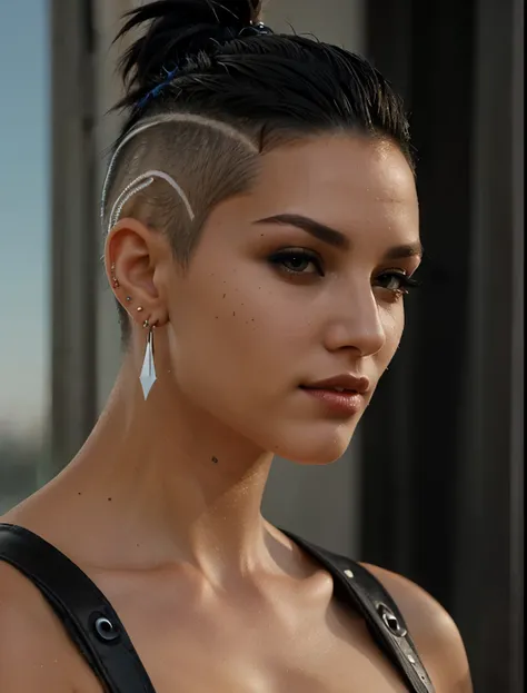 a close up of a woman with a shaved head and piercings, attractive androgynous, fashionable, beautiful, short black hair, shaved sides,