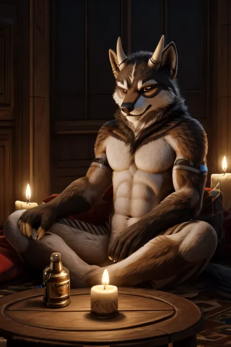 
White wolf puppy. small, , male, holding, is sitting, Weapon, male focus, horns,Background of war, colored leather, fire, Candle, Without clothing , completely naked. testicles between legs, male genitals , ((masterpiece, Best quality))