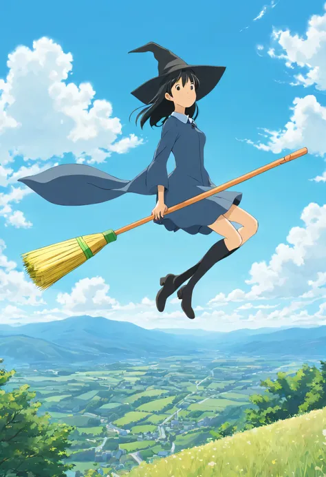 ((((Flying Witch:multiple)))),((Hold the broom between your inner thighs:magic:rides:Flight)),sit,Ride on,Straddling a broom,fantasy,beautiful light and shadow,be familiar with,((landscape:blue sky:summer)),A fresh green mountain below々,summerの日差し,anatomic...