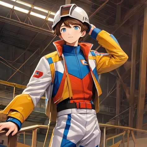 a young boy with brown hair and blue eyes stands in the hangar. he is wearing a white and blue pilot suit, with a helmet in his ...